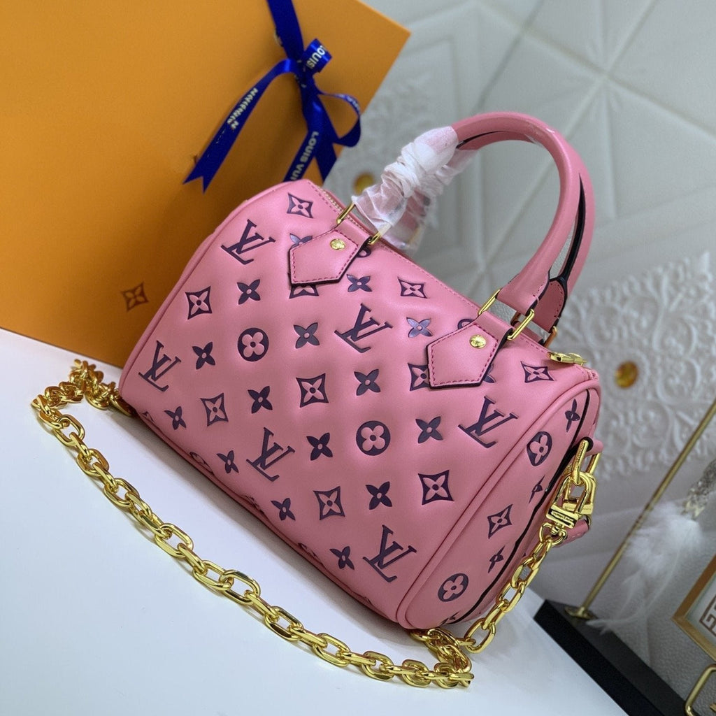 SPEEDY 22 PINK BLACK MONOGRAM EPROSSED LAMBSKIN