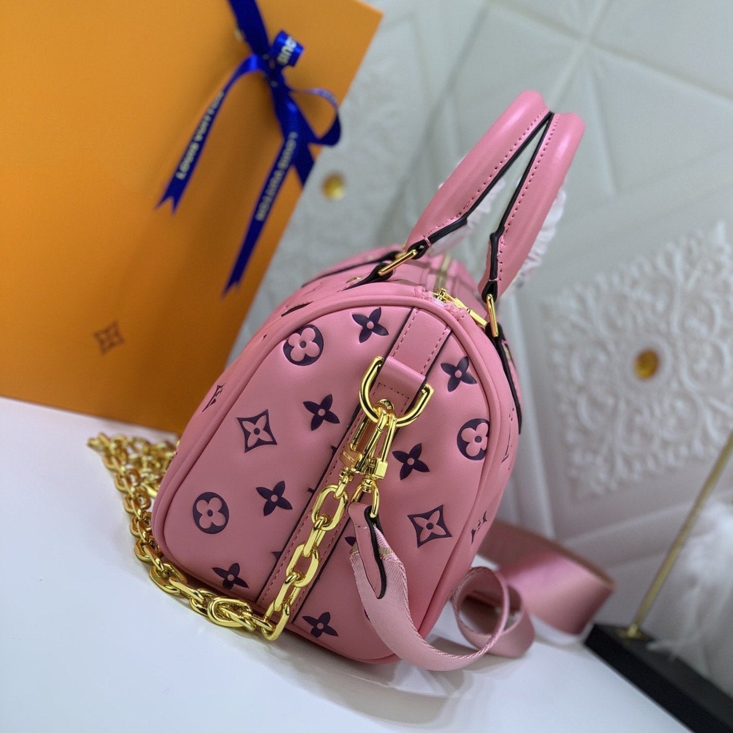 SPEEDY 22 PINK BLACK MONOGRAM EPROSSED LAMBSKIN