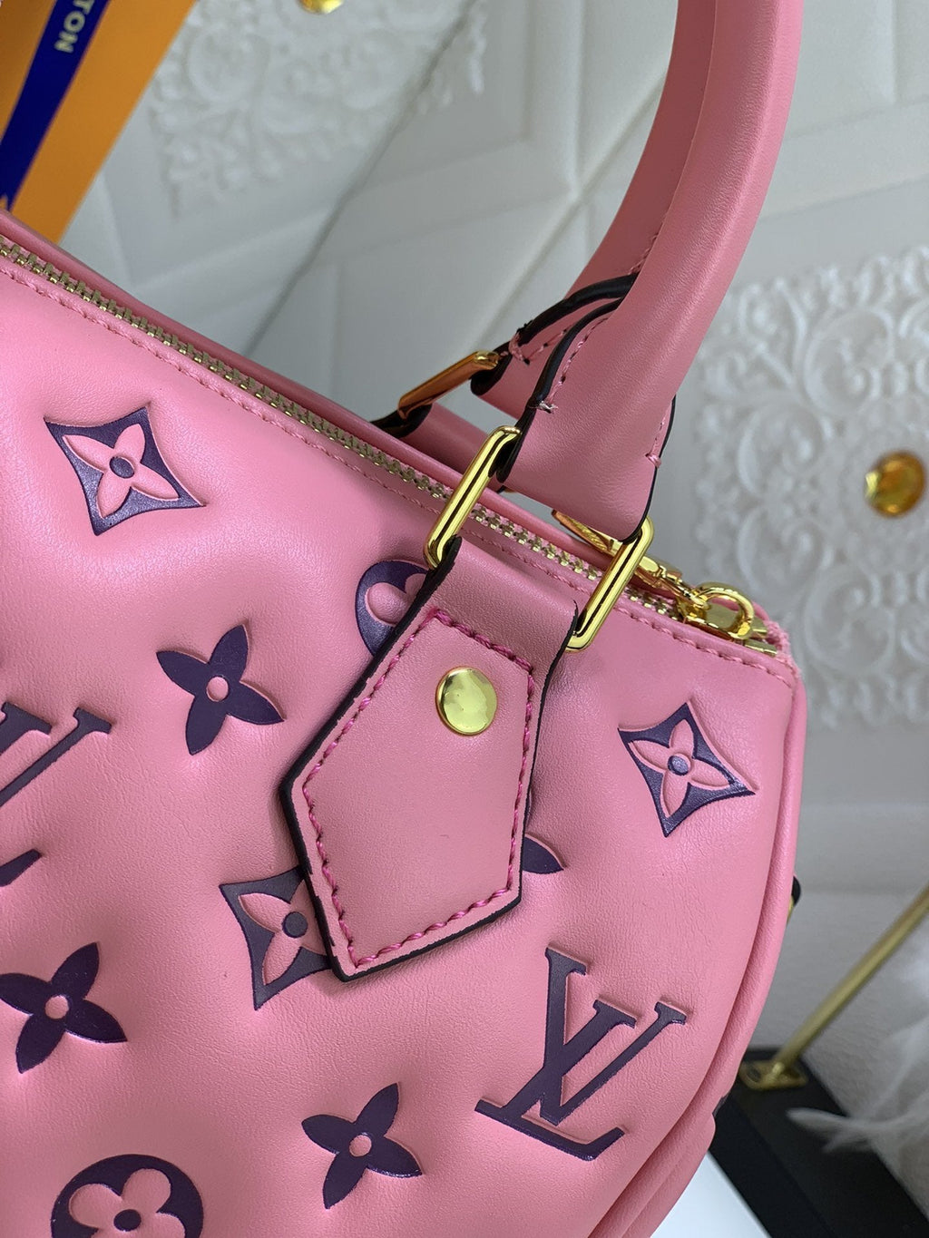 SPEEDY 22 PINK BLACK MONOGRAM EPROSSED LAMBSKIN