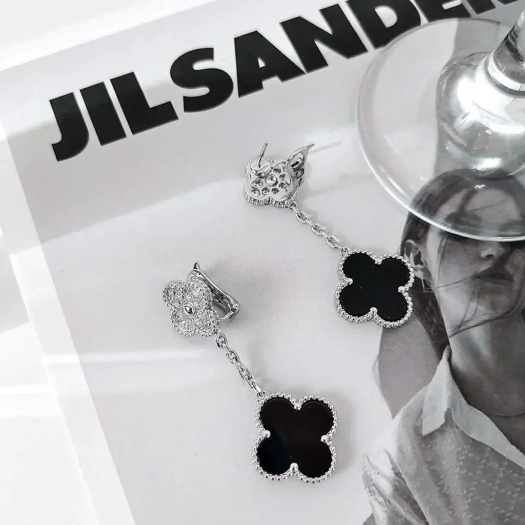 ®Jewelicorn®クローバー 2モチーフ ダイヤモンド オニキス イヤリング シルバー