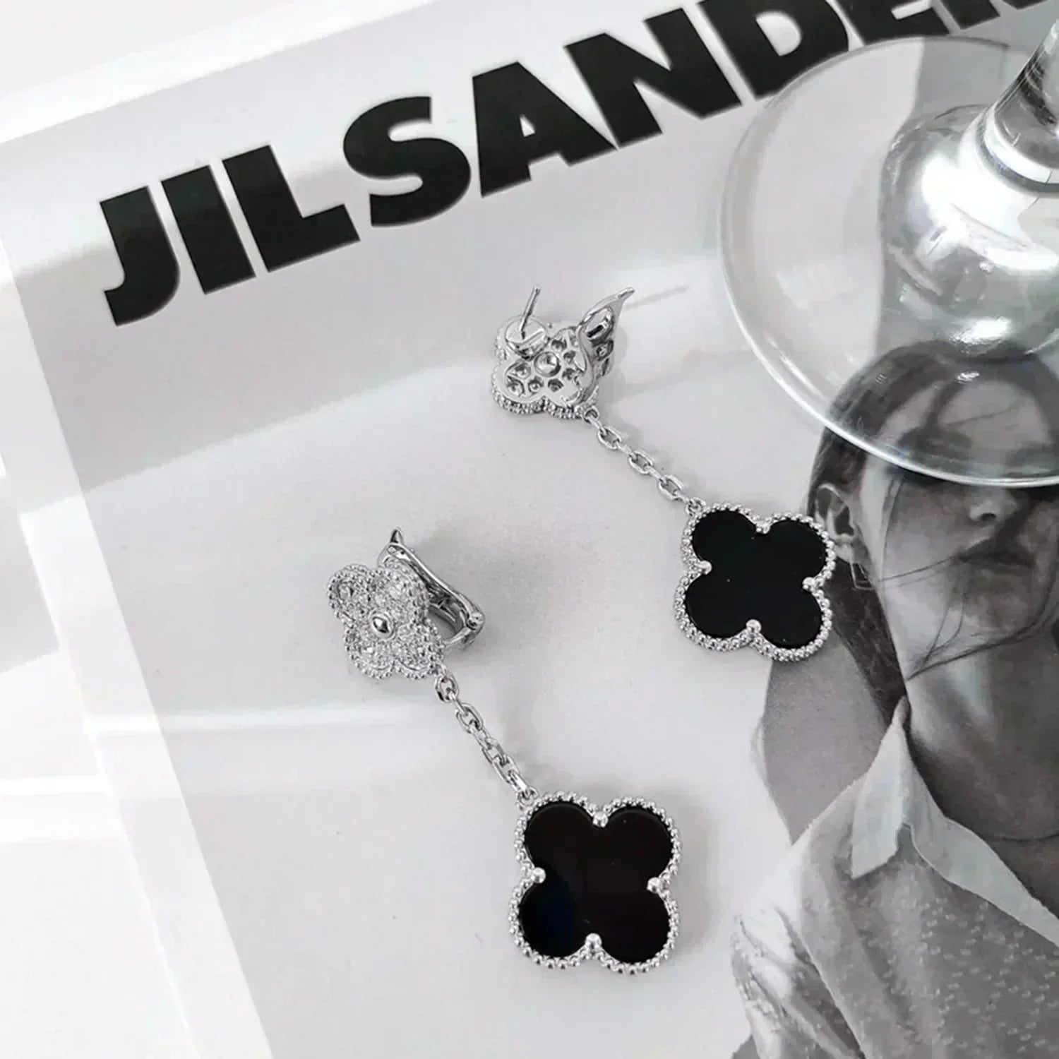 ®Jewelicorn®クローバー 2モチーフ ダイヤモンド オニキス イヤリング シルバー