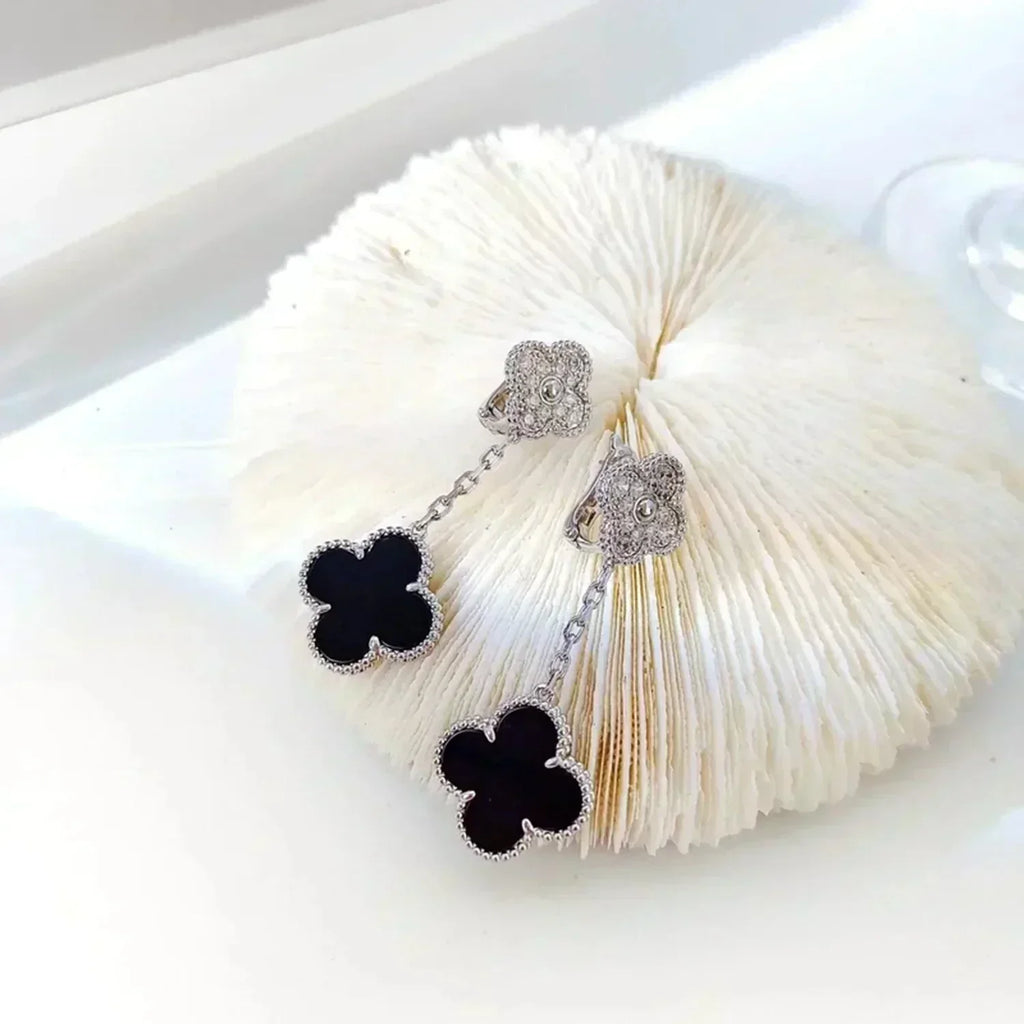 ®Jewelicorn®クローバー 2モチーフ ダイヤモンド オニキス イヤリング シルバー