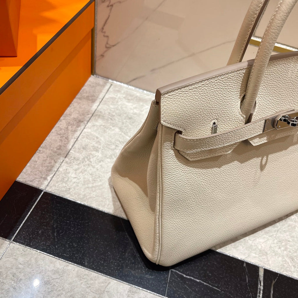 HM Birkin 30 cm, weißes Togo-Leder, silberfarbene Beschläge