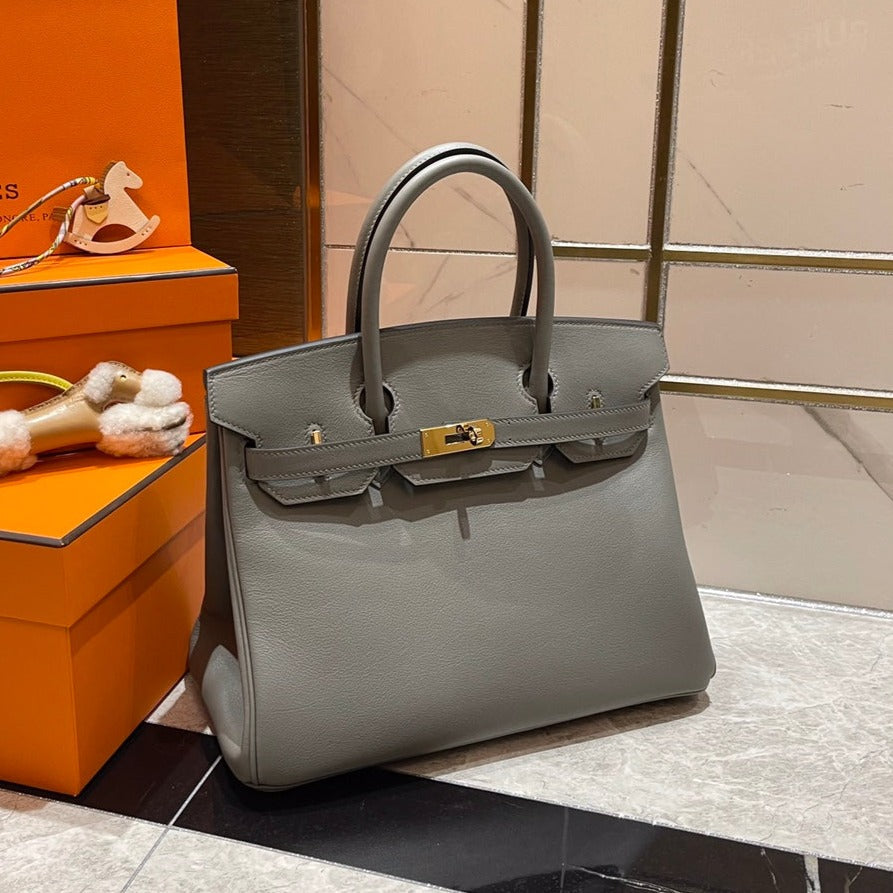 HM Birkin 30 cm Grau Swift Leder Goldene Beschläge