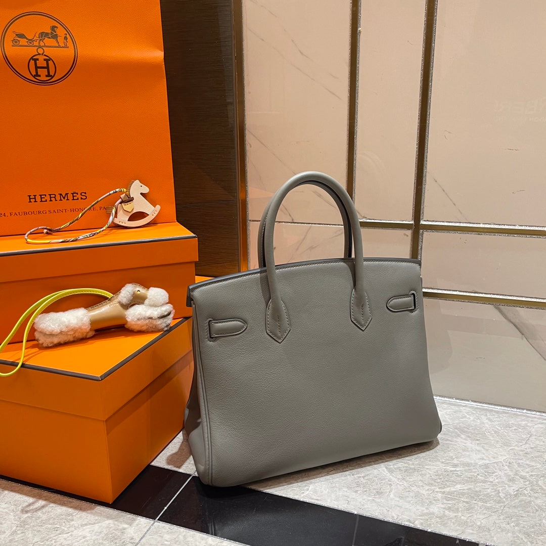HM Birkin 30 cm Grau Swift Leder Goldene Beschläge