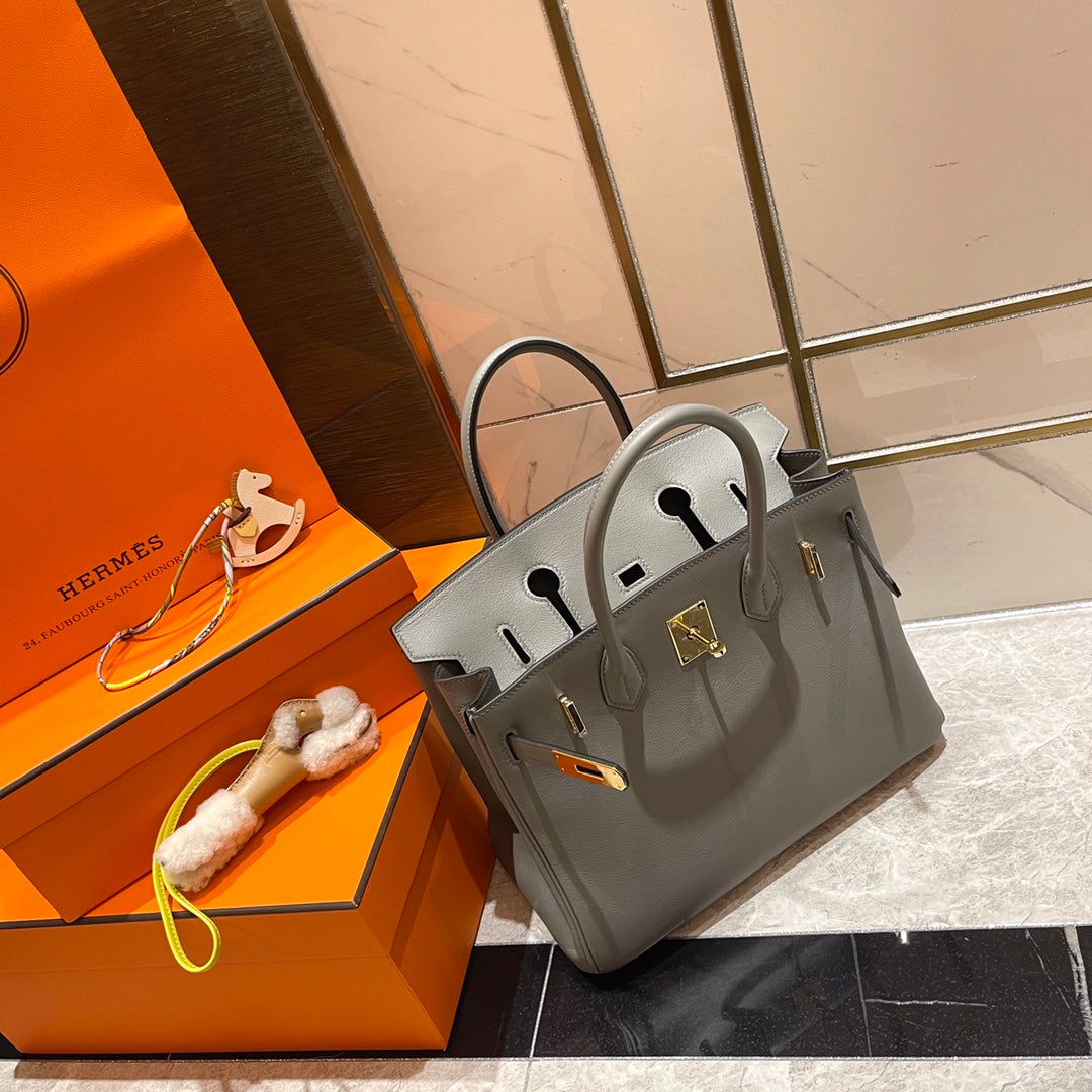HM Birkin 30 cm Grau Swift Leder Goldene Beschläge