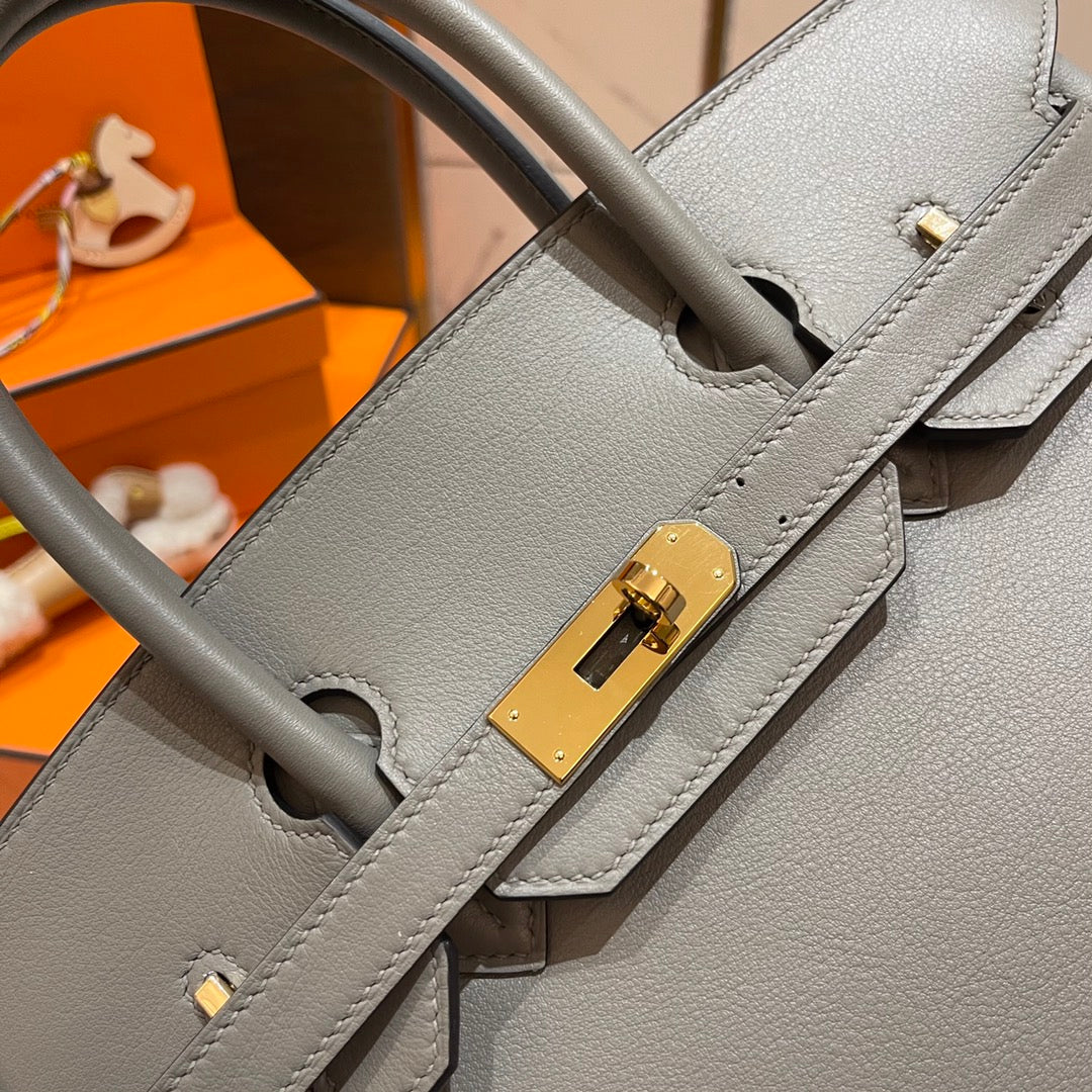 HM Birkin 30 cm Grau Swift Leder Goldene Beschläge