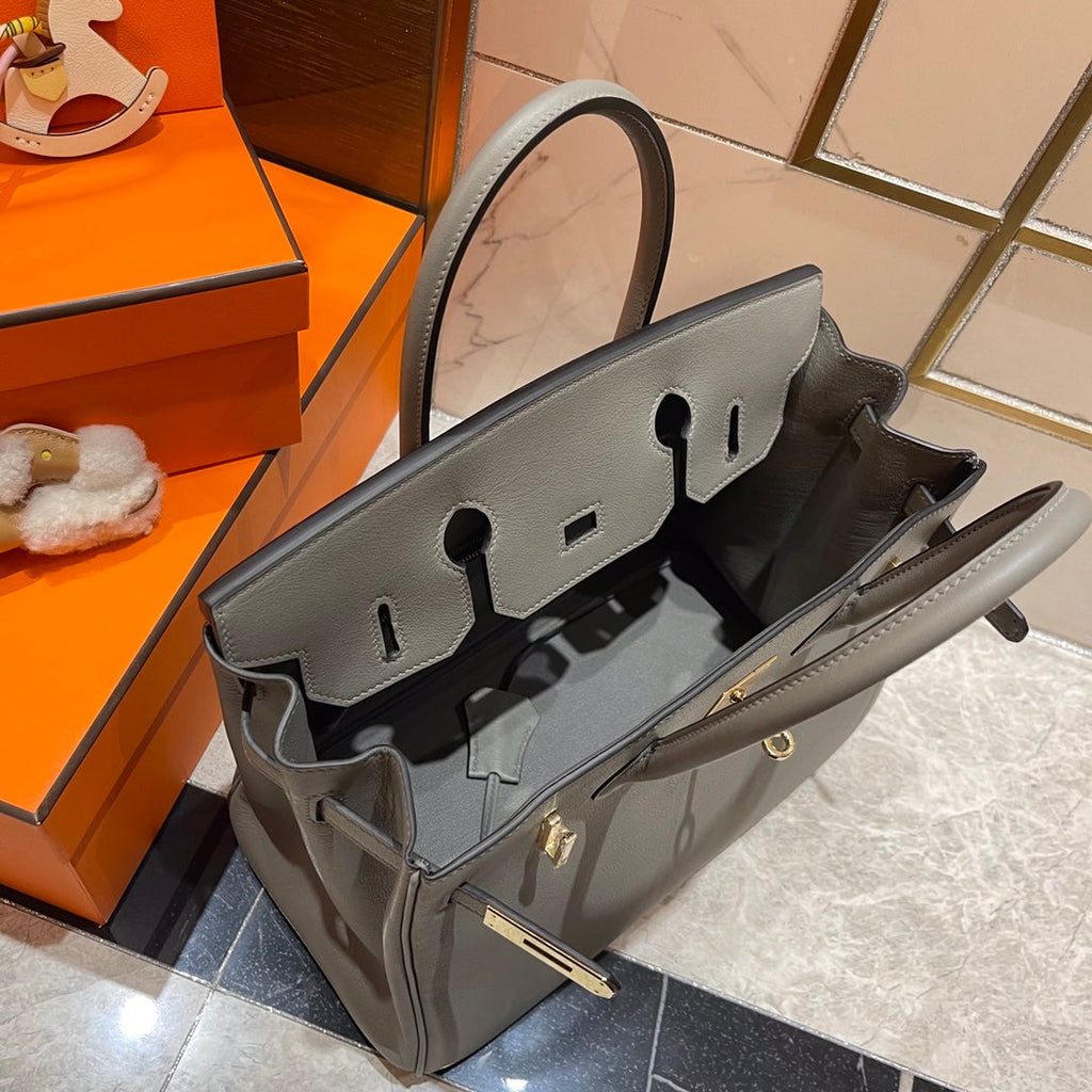 HM Birkin 30 cm Grau Swift Leder Goldene Beschläge