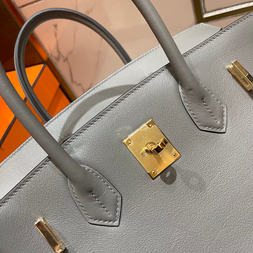 HM Birkin 30 cm Grau Swift Leder Goldene Beschläge