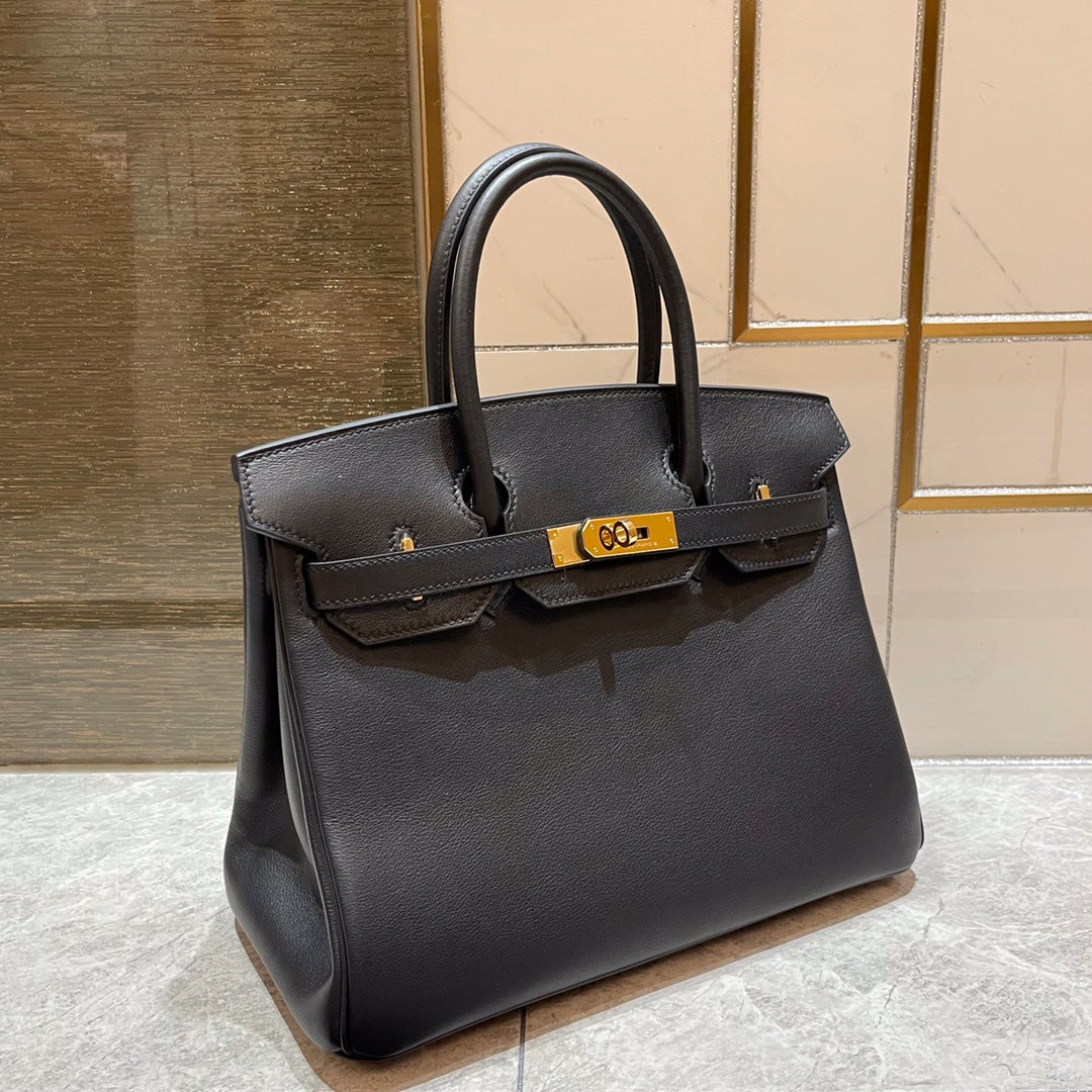HM Birkin 30 cm, schwarzes Swift-Leder, goldene Beschläge