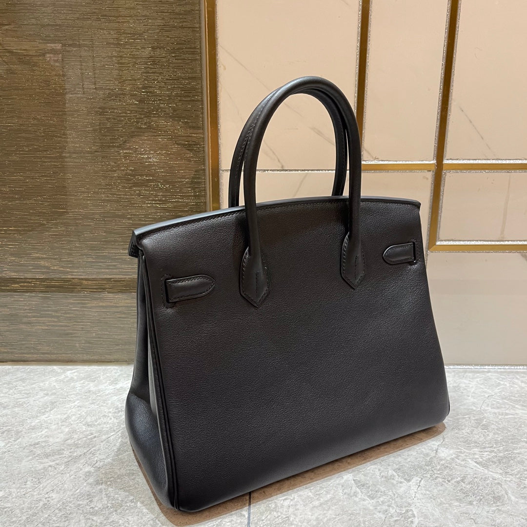 HM Birkin 30 cm, schwarzes Swift-Leder, goldene Beschläge