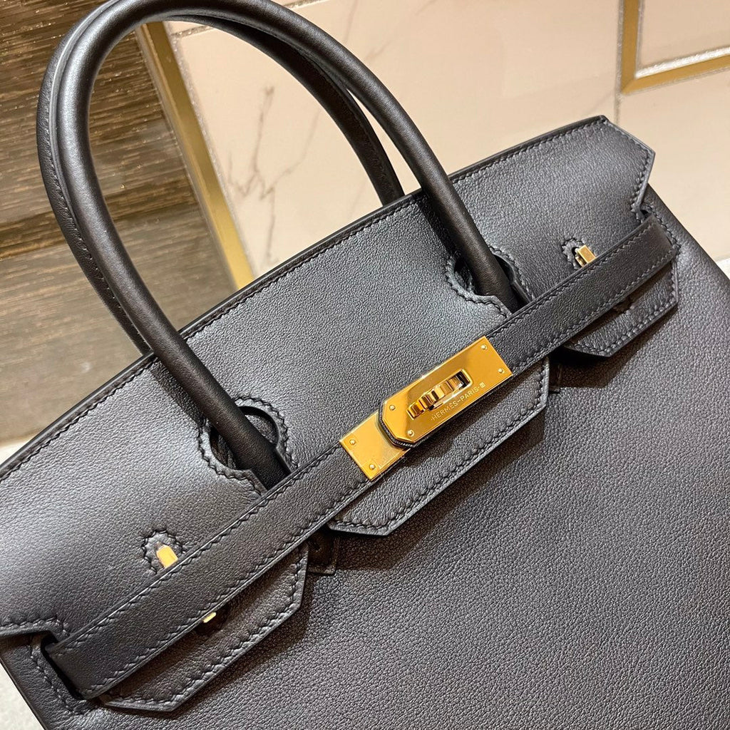 HM Birkin 30 cm, schwarzes Swift-Leder, goldene Beschläge