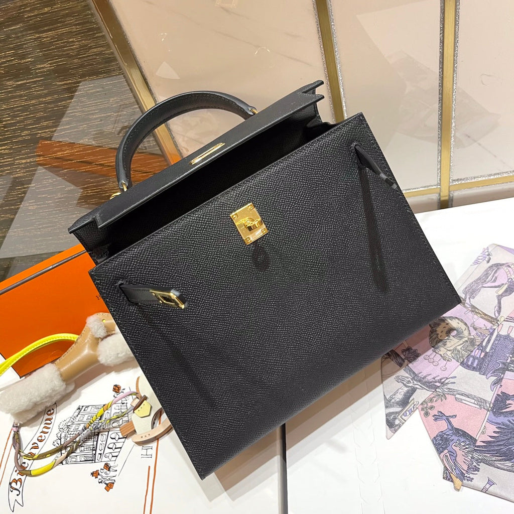 HM KELLY 25CM SCHWARZES EPSOM-LEDER GOLDENE BESCHLÄGE