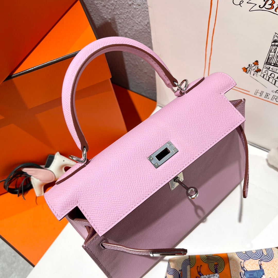 HM KELLY 25CM ROSA EPSOM-LEDER SILBERNE BESCHLÄGE