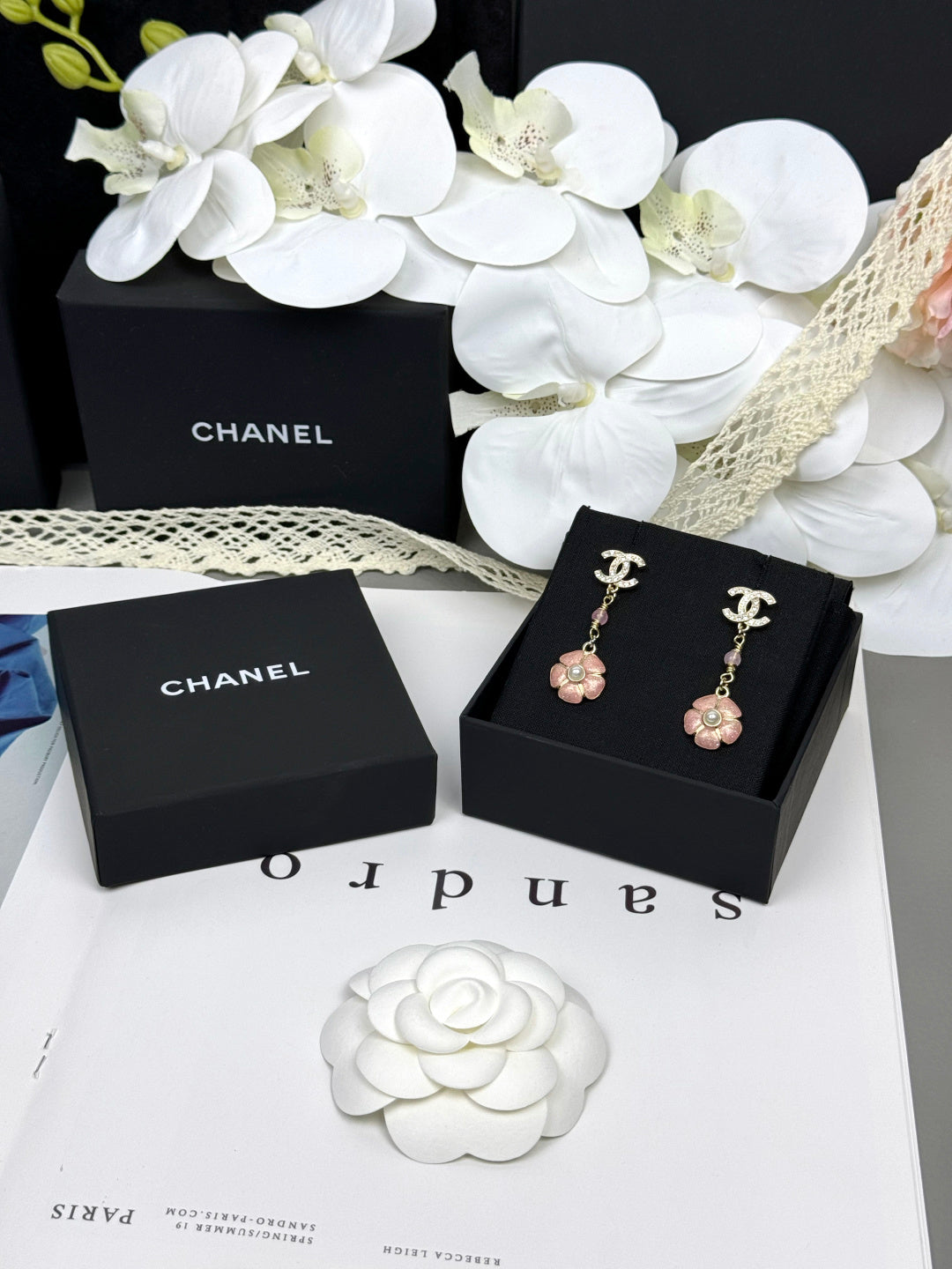 [⭐JeweliWhal]26C Pink Camellia Enamel Pendant with Double C Earrings