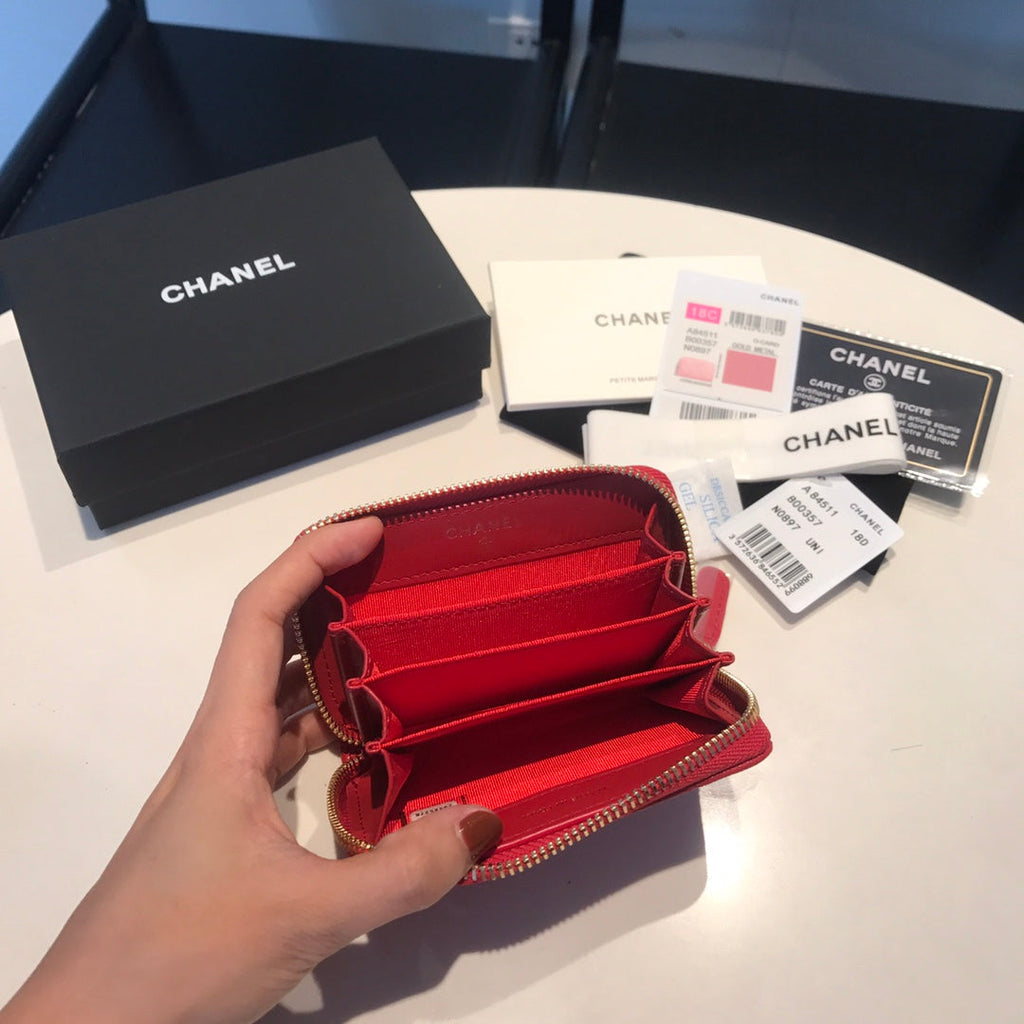 CC Reißverschluss-Kaviar-Geldbörse 11 Rotes Kalbsleder Gold Icon