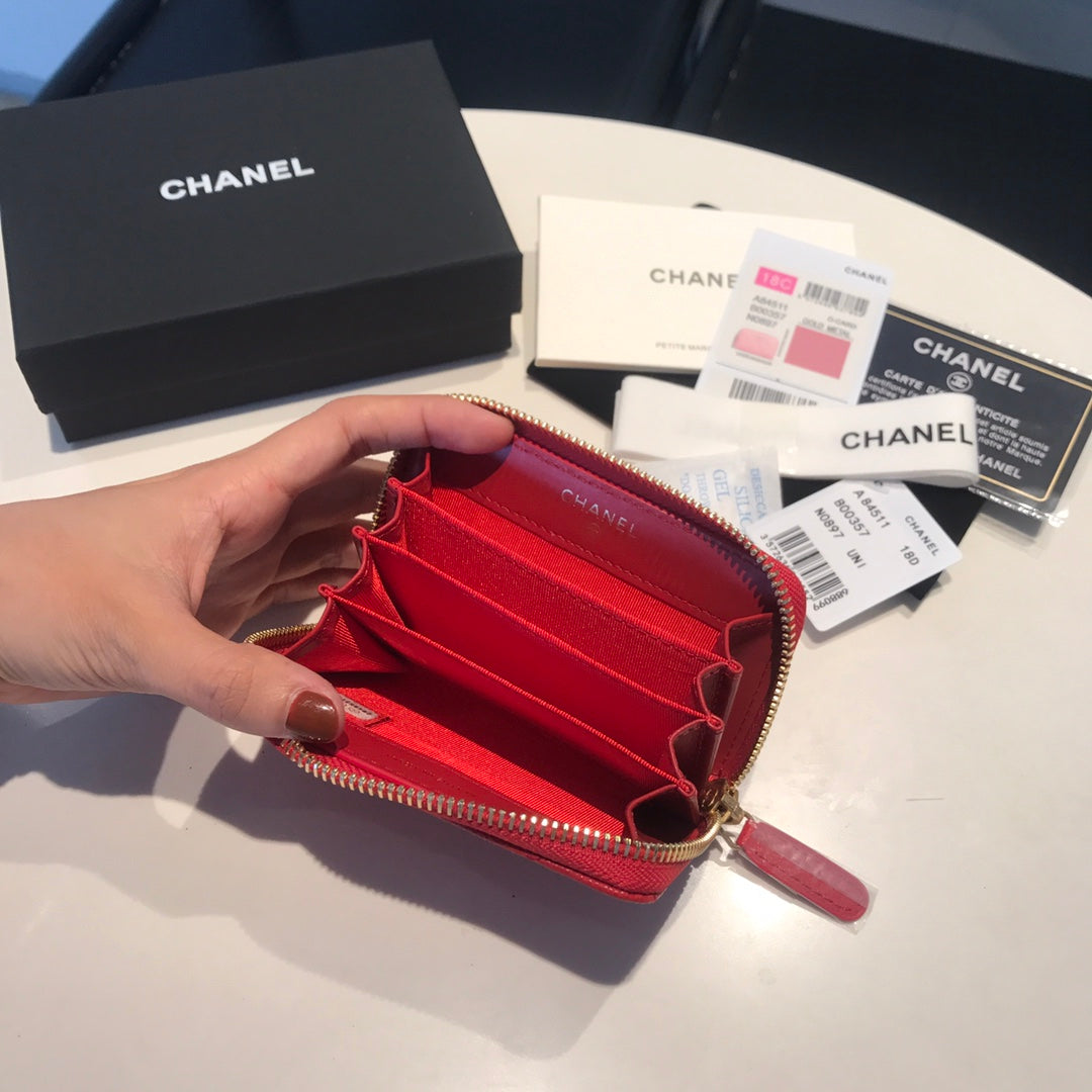 CC Reißverschluss-Kaviar-Geldbörse 11 Rotes Kalbsleder Gold Icon