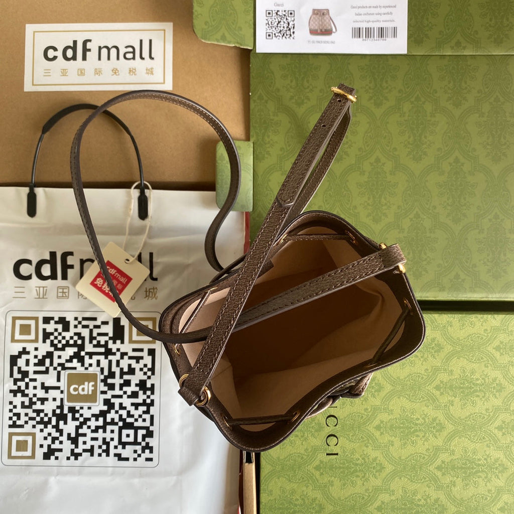 OPHIDIA MINI-BUCKET-BAG 18 MIT WEB IN BEIGE EBONY CANVAS MIX BRAUN CALFLEDER