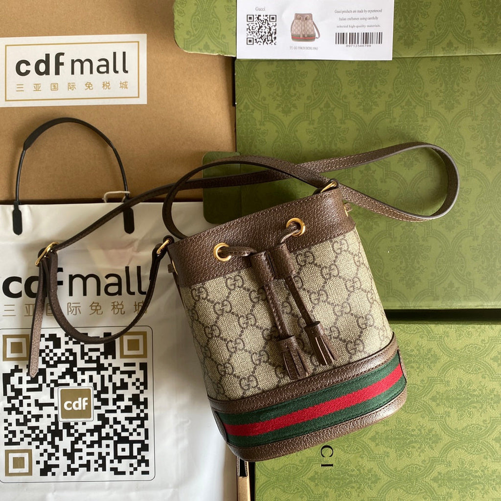 OPHIDIA MINI-BUCKET-BAG 18 MIT WEB IN BEIGE EBONY CANVAS MIX BRAUN CALFLEDER