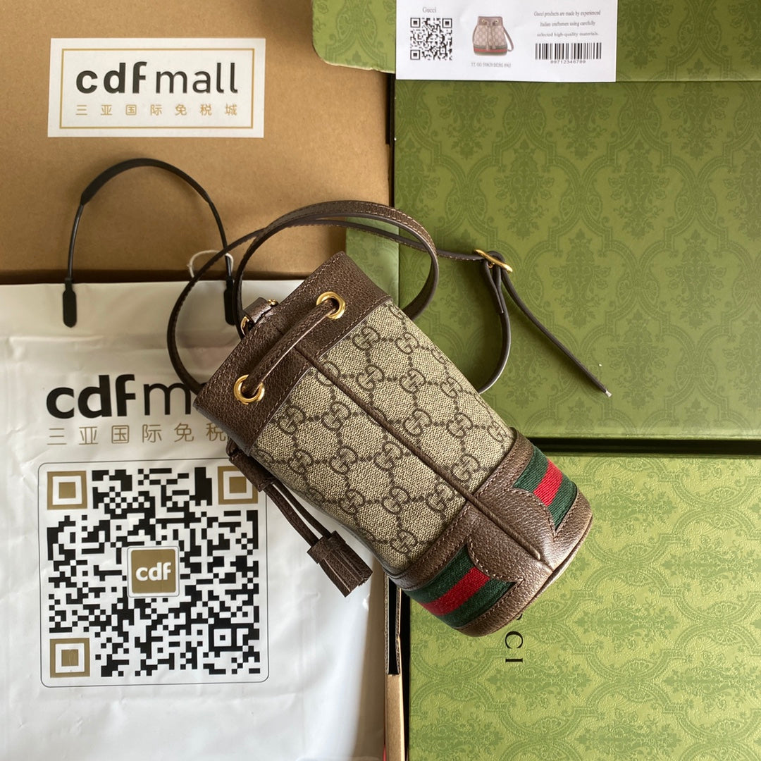 OPHIDIA MINI-BUCKET-BAG 18 MIT WEB IN BEIGE EBONY CANVAS MIX BRAUN CALFLEDER