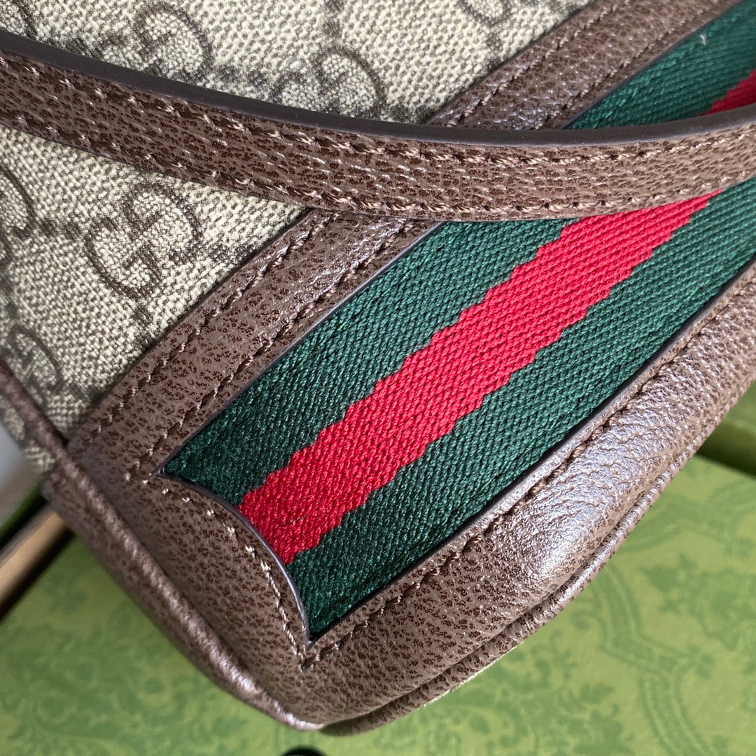 OPHIDIA MINI-BUCKET-BAG 18 MIT WEB IN BEIGE EBONY CANVAS MIX BRAUN CALFLEDER