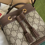 OPHIDIA MINI-BUCKET-BAG 18 MIT WEB IN BEIGE EBONY CANVAS MIX BRAUN CALFLEDER