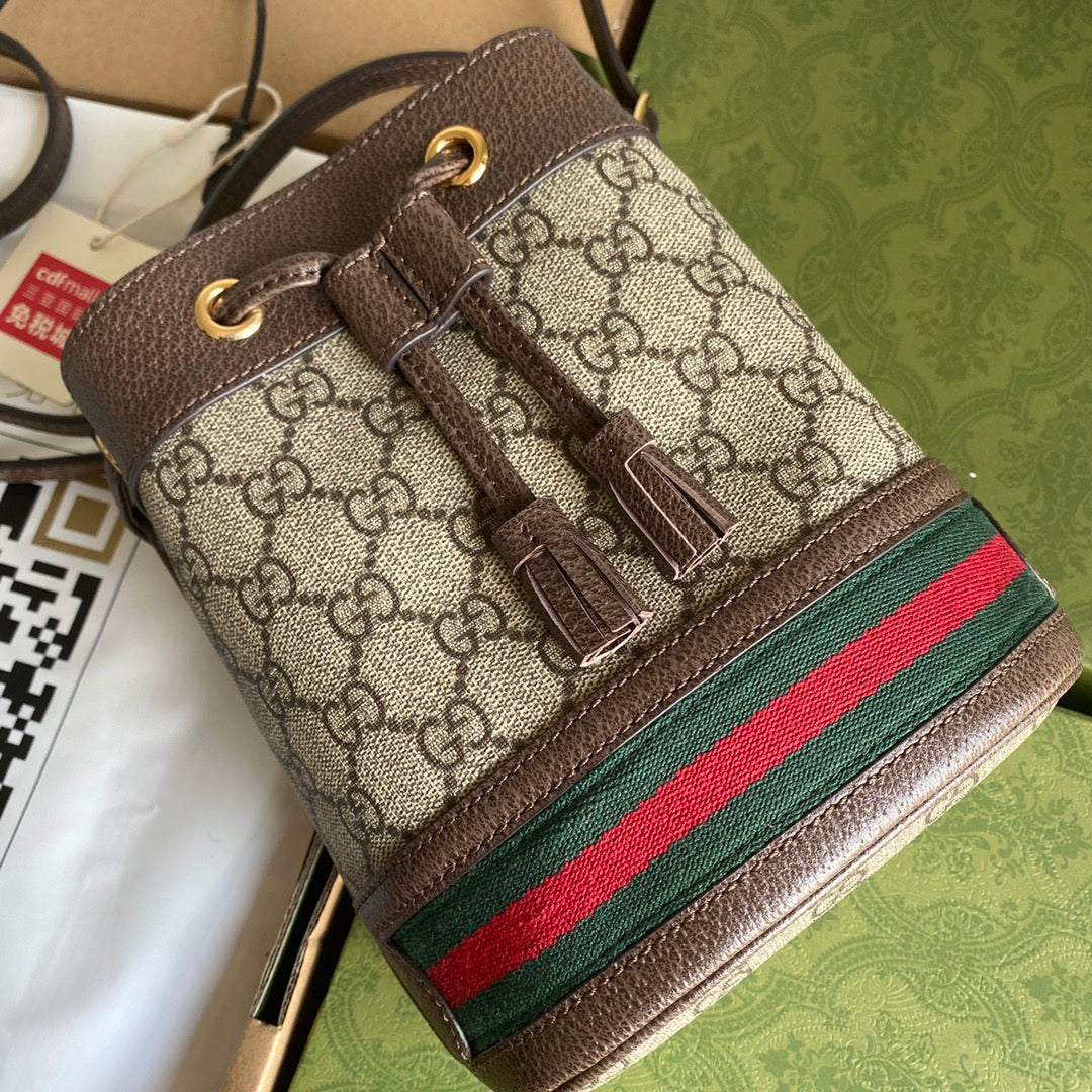 OPHIDIA MINI-BUCKET-BAG 18 MIT WEB IN BEIGE EBONY CANVAS MIX BRAUN CALFLEDER