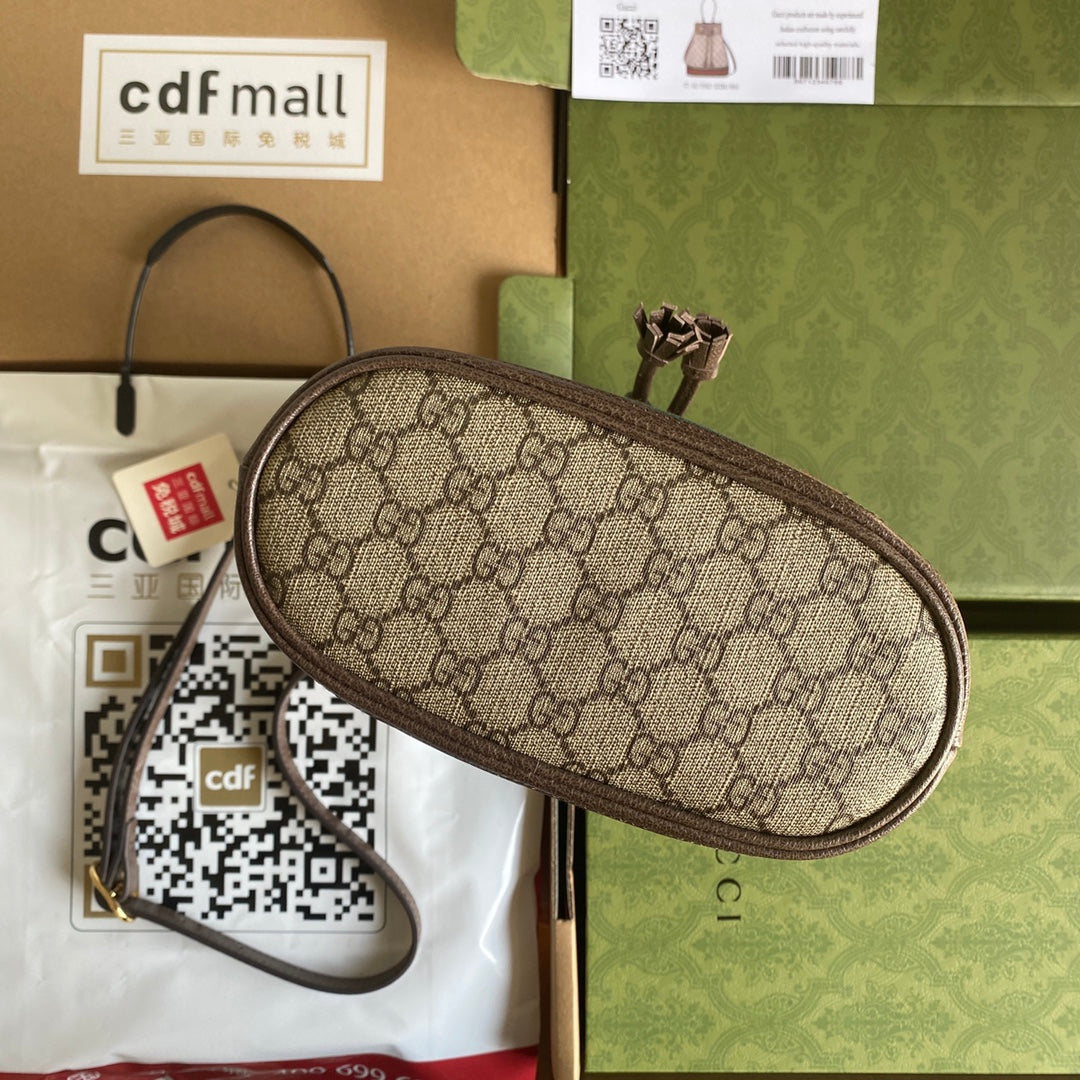 OPHIDIA MITTLERE EIMERTASCHE 26 MIT WEB IN BEIGE EBONY CANVAS MIX BRAUN KALBSLEDER