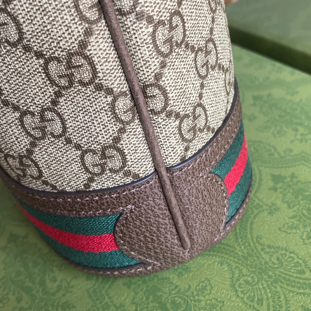 OPHIDIA MITTLERE EIMERTASCHE 26 MIT WEB IN BEIGE EBONY CANVAS MIX BRAUN KALBSLEDER