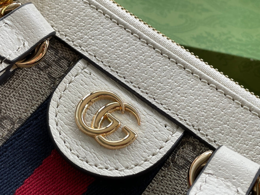 GG OPHIDIA 24 Tote Bag aus beigefarbenem Canvas und weißem Kalbsleder