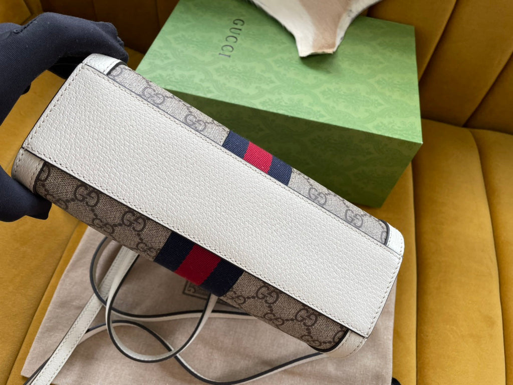 GG OPHIDIA 24 Tote Bag aus beigefarbenem Canvas und weißem Kalbsleder