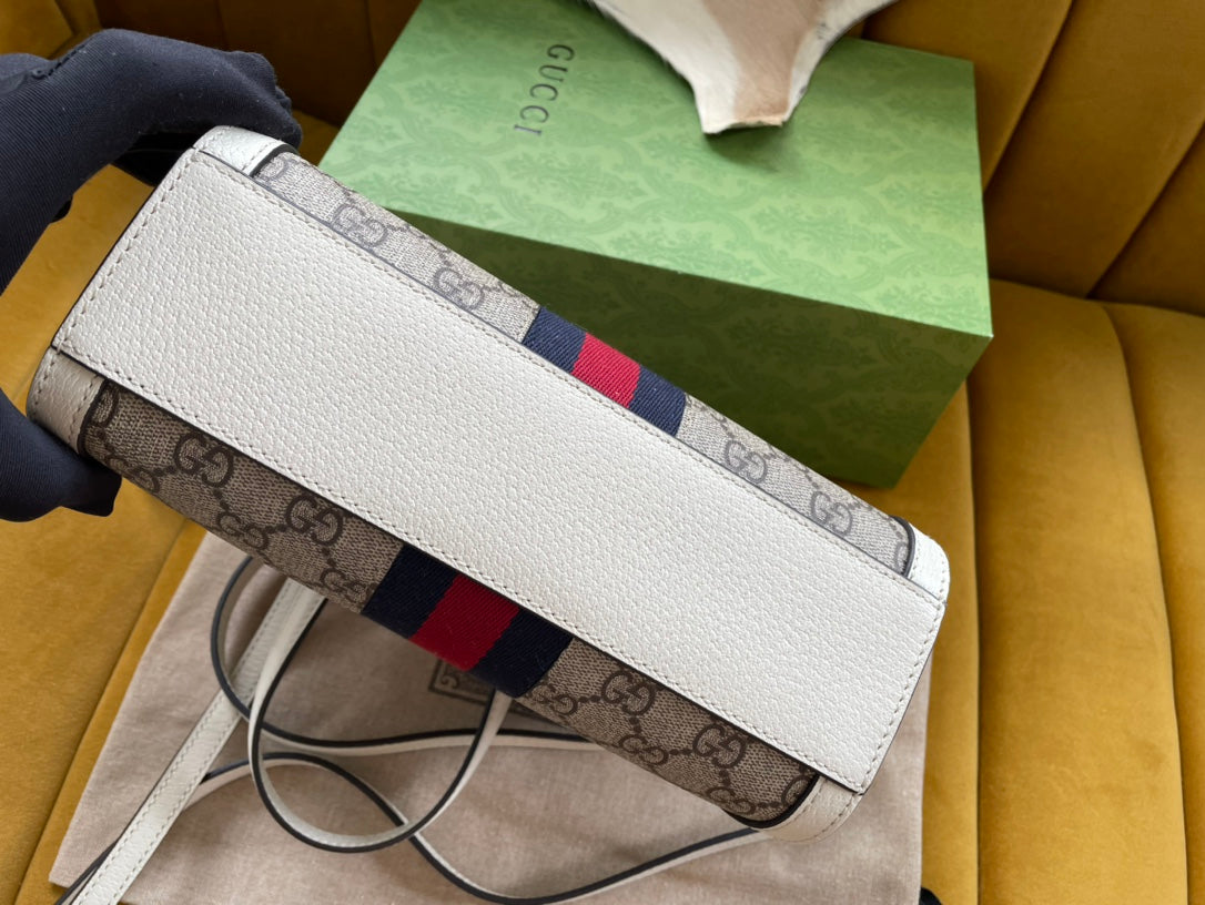 GG OPHIDIA 24 Tote Bag aus beigefarbenem Canvas und weißem Kalbsleder