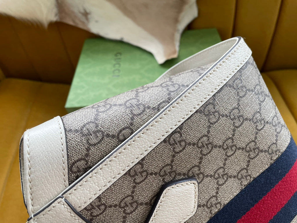 GG OPHIDIA 24 Tote Bag aus beigefarbenem Canvas und weißem Kalbsleder