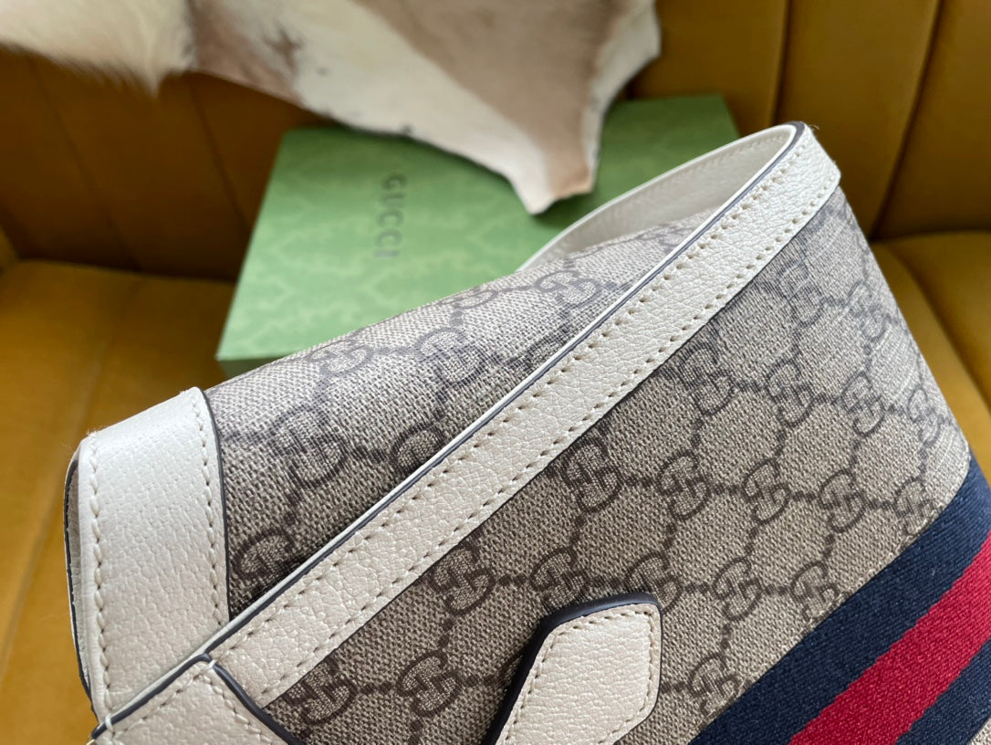 GG OPHIDIA 24 Tote Bag aus beigefarbenem Canvas und weißem Kalbsleder