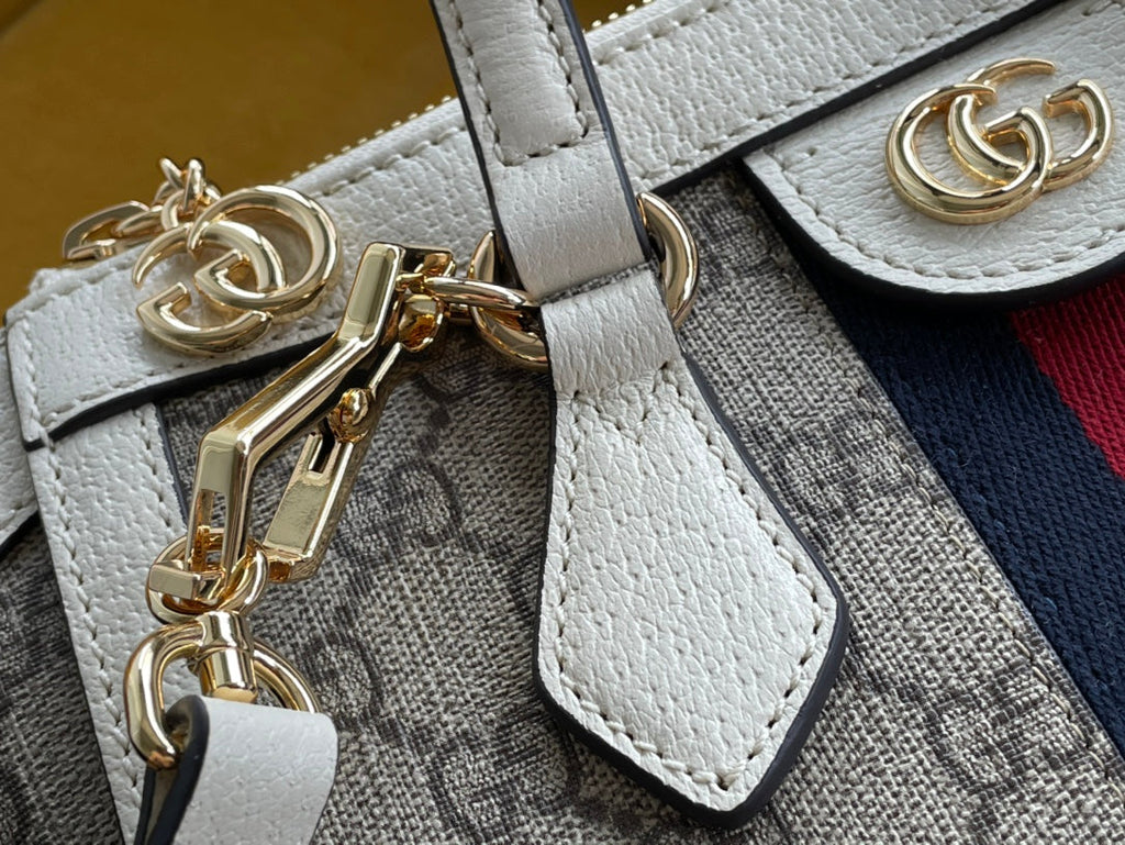 GG OPHIDIA 24 Tote Bag aus beigefarbenem Canvas und weißem Kalbsleder