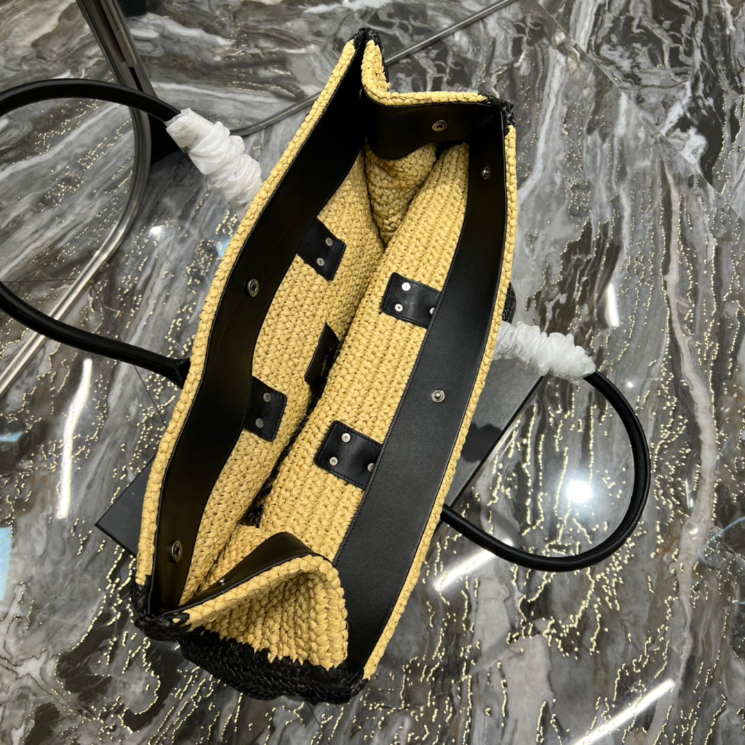 RIVE GAUCHE Tragetasche 48 Zoll in Hellgelb mit schwarzem Besatz aus Raffia