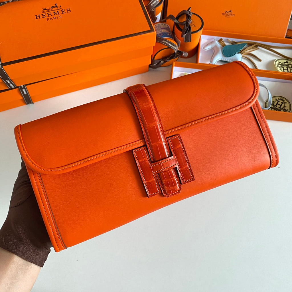 JIGE ELAN 29 CLUTCH IN BRIGHT ORANGE CALFSKIN WITH LIZARD SKIN (MADE-TO-ODER)