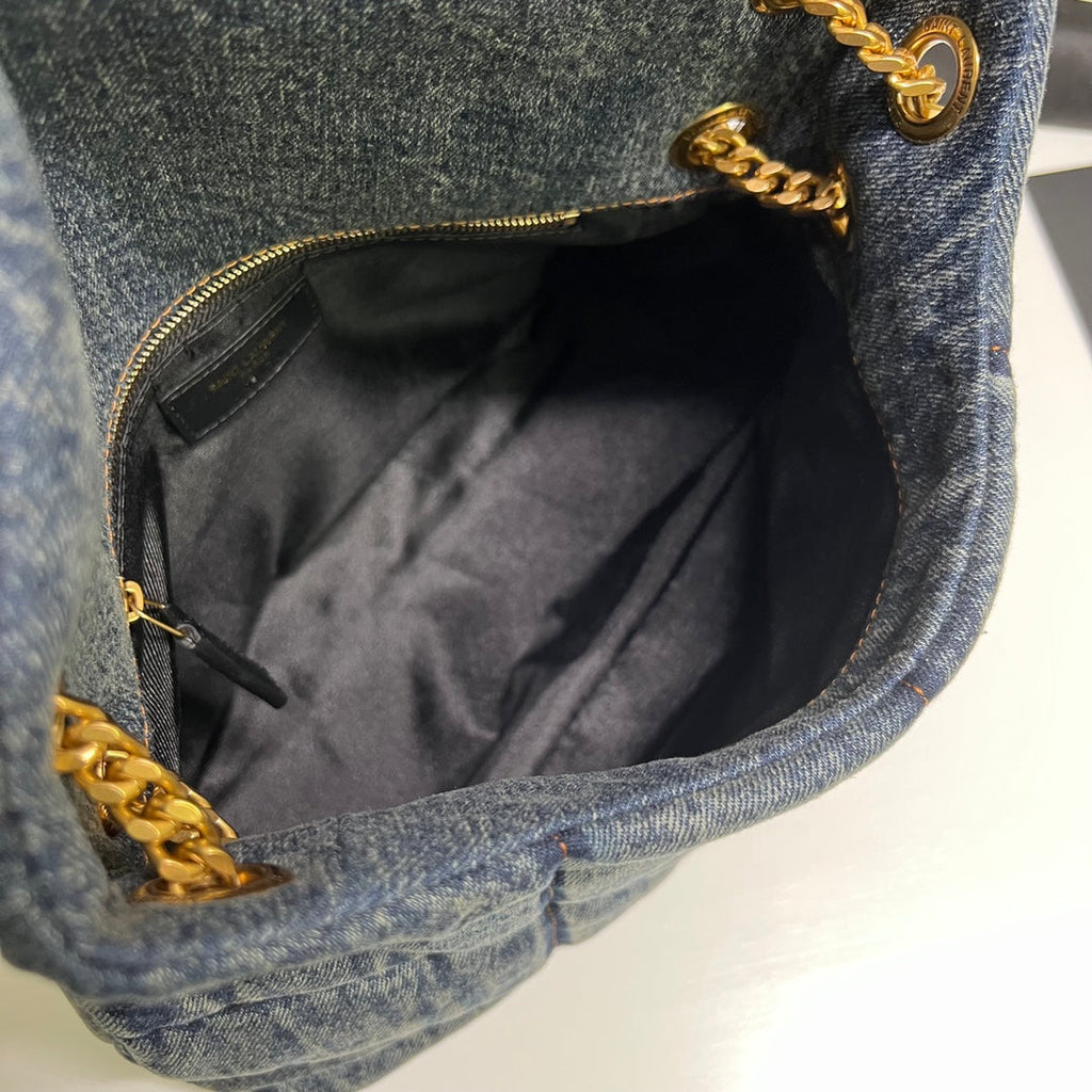 Daunentasche 29 in Blau-Verlauf-Denim mit goldenen Beschlägen