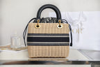 LADY 24 BASKET BAG IN BLACK OBLIQUE JACQUARD MIX BEIGE WICKER