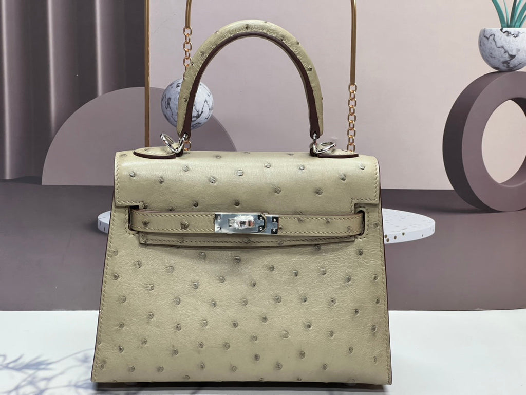 KELLY TASCHE 20 IN KHAKI-TAN STREIFENLEDER MIT SILBERNEN BESCHLÄGEN (AUF BESTELLUNG GEFERTIGT)