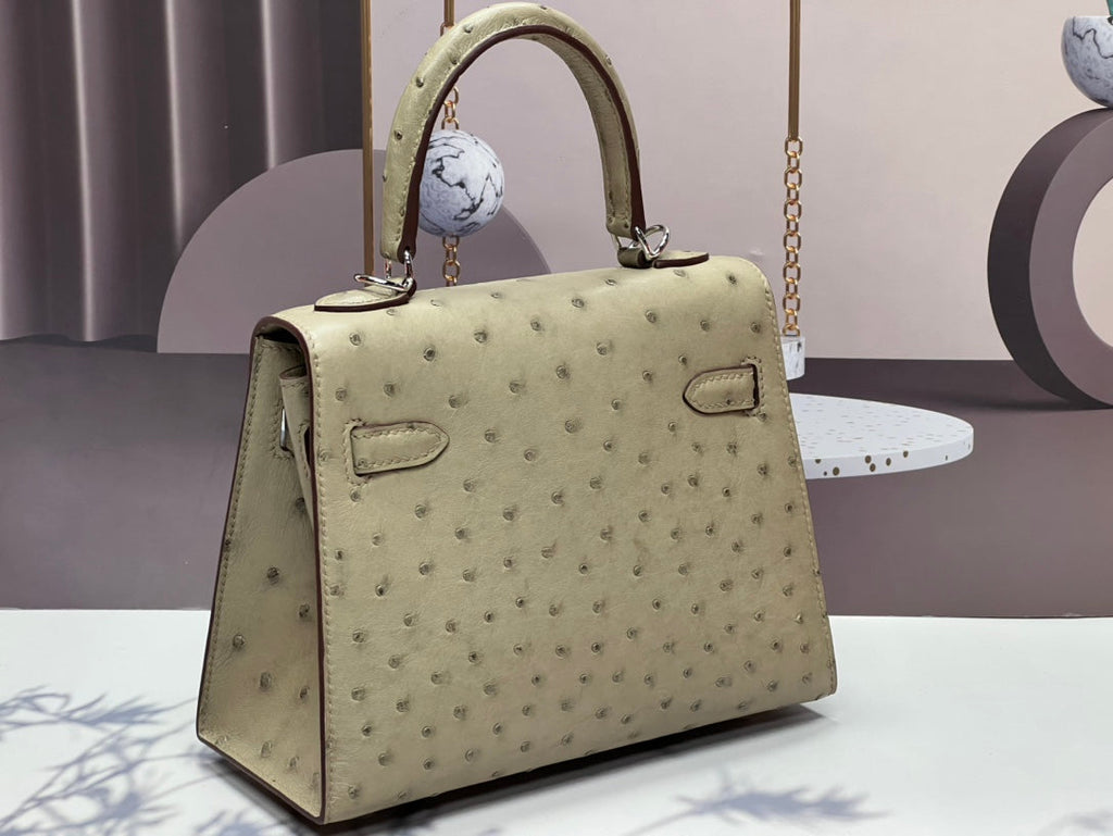 KELLY TASCHE 20 IN KHAKI-TAN STREIFENLEDER MIT SILBERNEN BESCHLÄGEN (AUF BESTELLUNG GEFERTIGT)