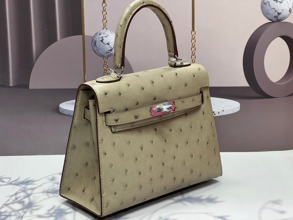 KELLY TASCHE 20 IN KHAKI-TAN STREIFENLEDER MIT SILBERNEN BESCHLÄGEN (AUF BESTELLUNG GEFERTIGT)