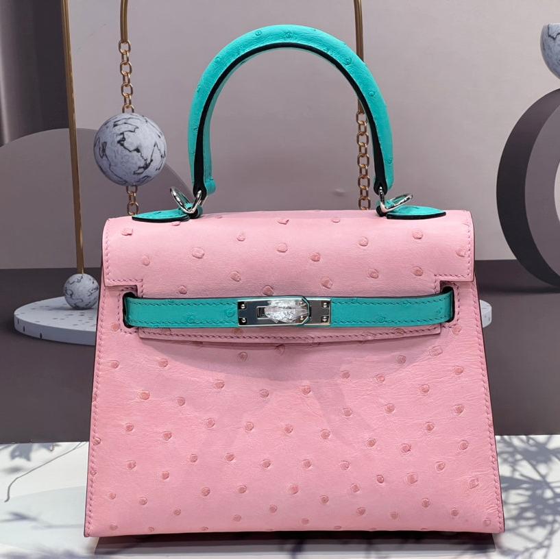 KELLY TASCHE 20 IN FLAMINGO PINK MIX CYAN BLUE STREIFENLEDER MIT SILBERNEN HALSBESCHLÄGEN (AUF BESTELLUNG GEFERTIGT)