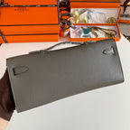 KELLY CUT 31 IN WOOD BROWN CALFLEDER WITH SILVER HARDWARE