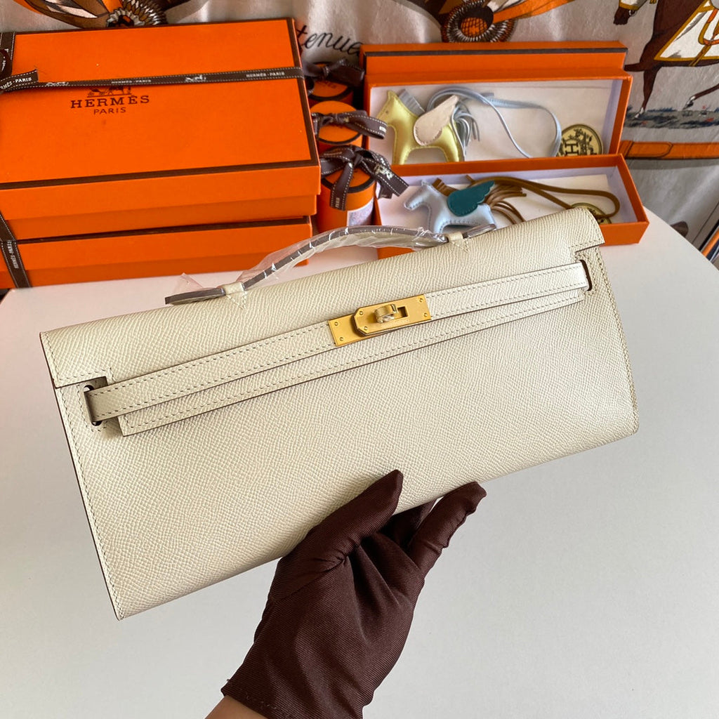 KELLY CUT 31 IN BEIGE CREME KALBSLEDER MIT GOLDENEN HARDWARE