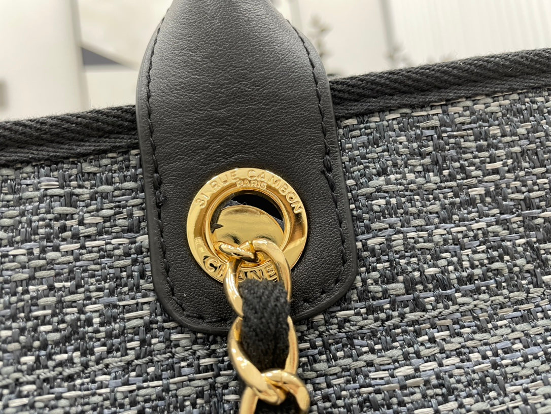 CC DEAUVILLE GROSSE 38-TOTE-TASCHE AUS SCHWARZEM CANVAS MIT GOLDENEN BESCHLÄGEN