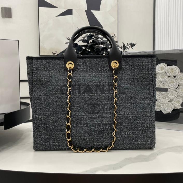 CC DEAUVILLE GROSSE 38-TOTE-TASCHE AUS SCHWARZEM CANVAS MIT GOLDENEN BESCHLÄGEN