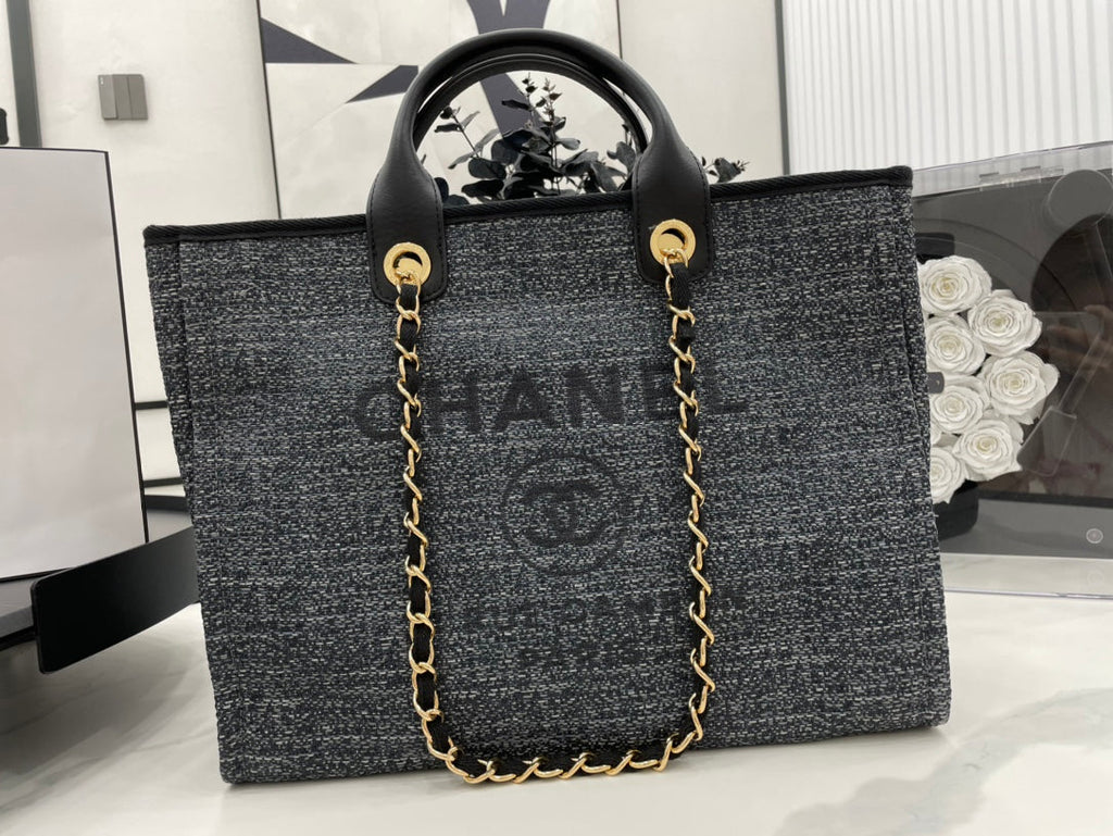 CC DEAUVILLE GROSSE 38-TOTE-TASCHE AUS SCHWARZEM CANVAS MIT GOLDENEN BESCHLÄGEN