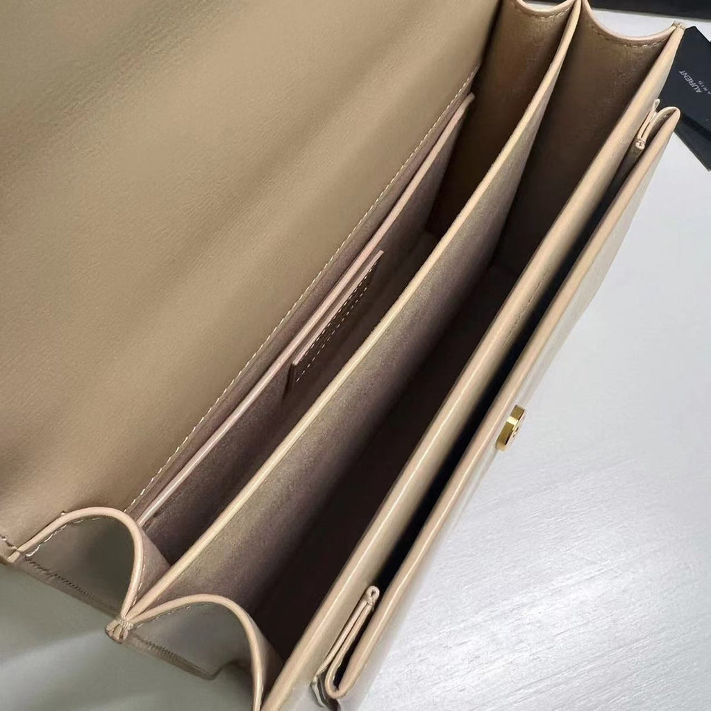 SUNSET MEDIUM 22 IN BEIGE CALFLEDER GOLDENE HARDWARE