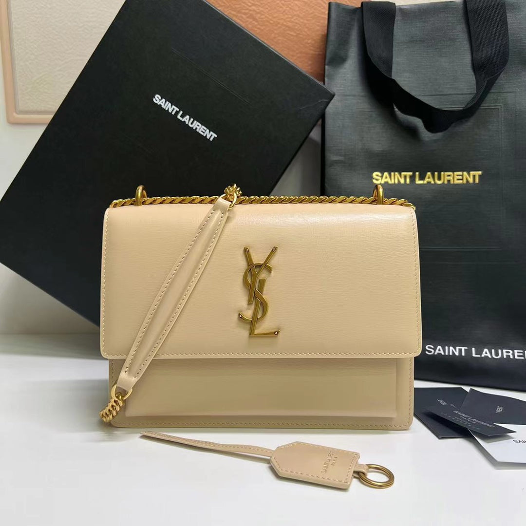 SUNSET MEDIUM 22 IN BEIGE CALFLEDER GOLDENE HARDWARE